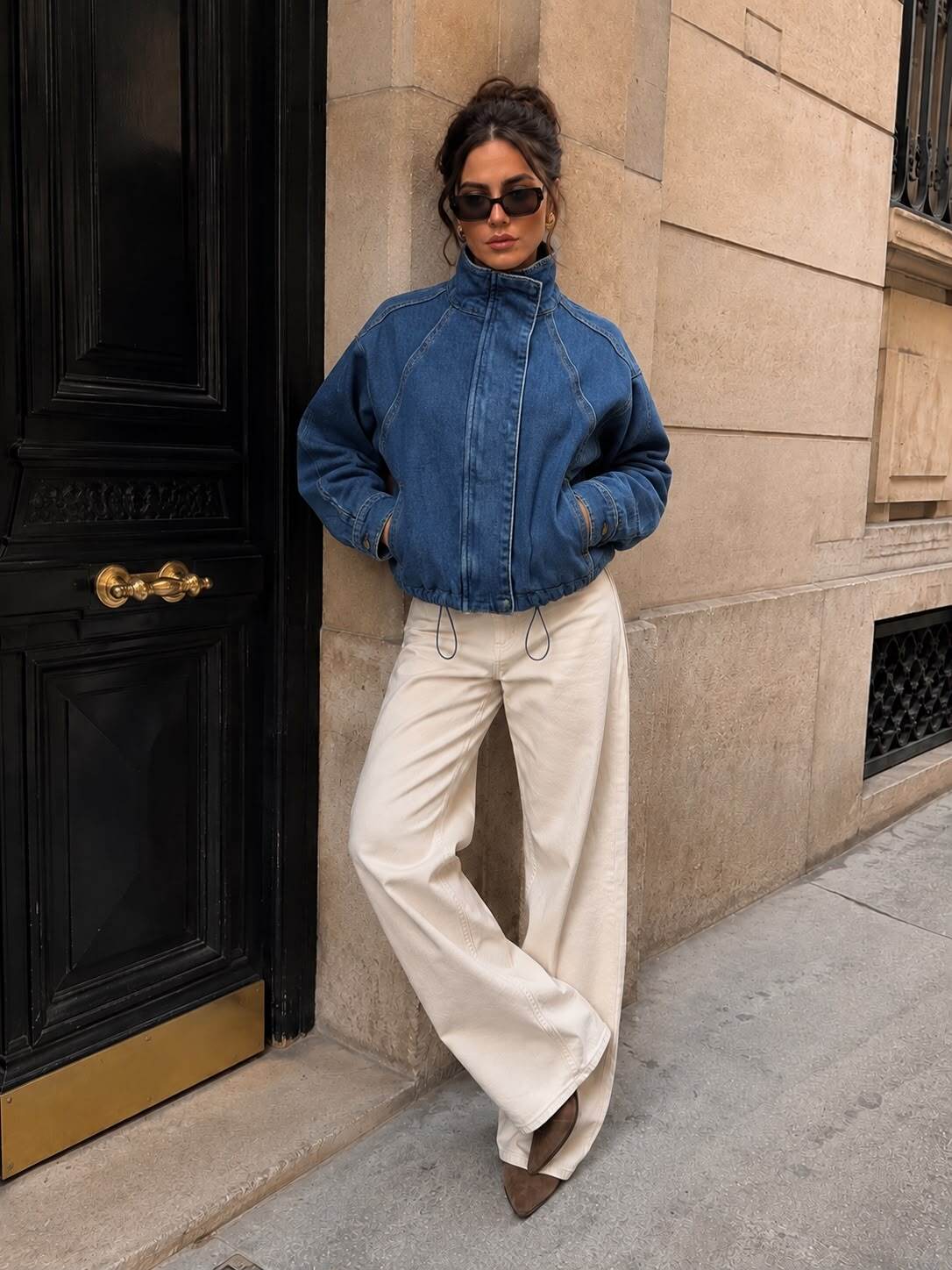 Großhändler Emma & Ashley design - Kurze Denimjacke mit hohem Kragen Oversize – Urbaner Chic-Stil