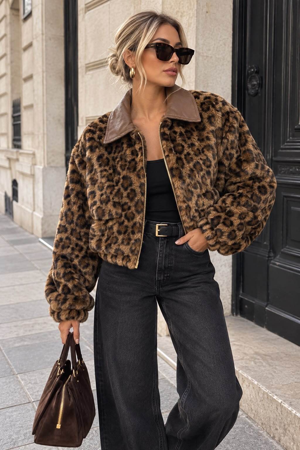 Grossiste Emma & Ashley design - Veste Courte Femme en Fausse Fourrure Léopard avec Col Contrastant et Fermeture Zippée – Style Chic et Tendance