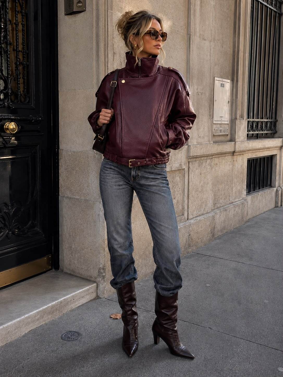 Grossiste Emma & Ashley design - Veste Femme Style Biker en Similicuir – Col Montant Zippé, Coupe Oversize & Détails Épaules à Pattes