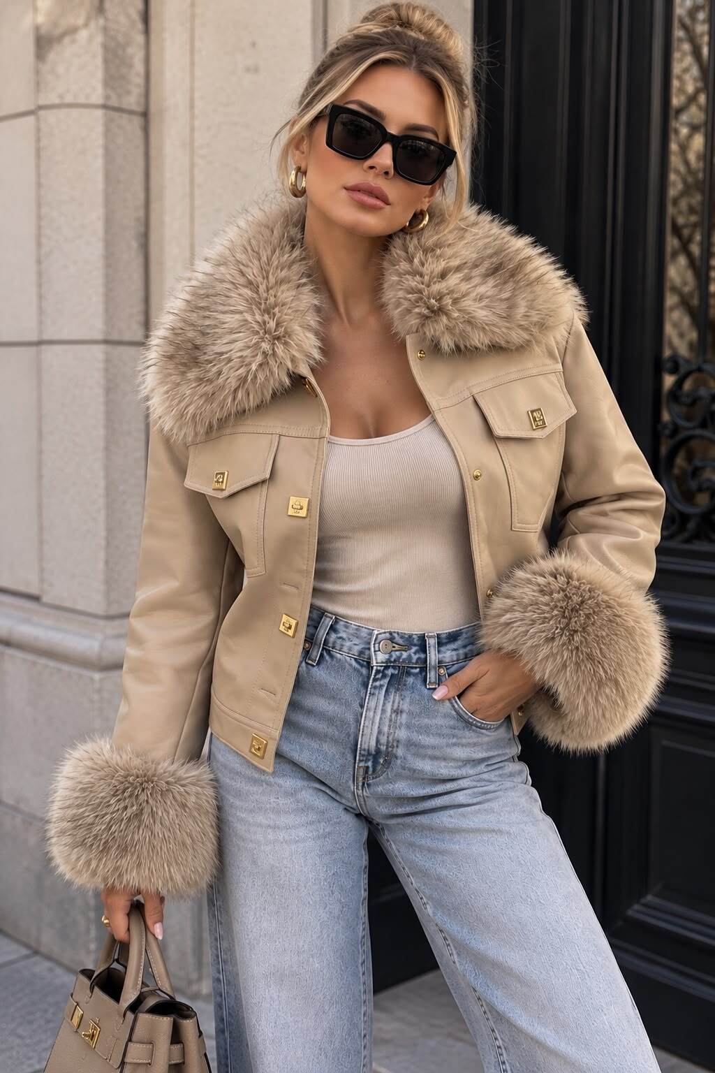 Grossiste Emma & Ashley design - Veste Courte Femme en Similicuir à Col Fourrure Volumineux et Poignets Effet Fourrure – Style Chic