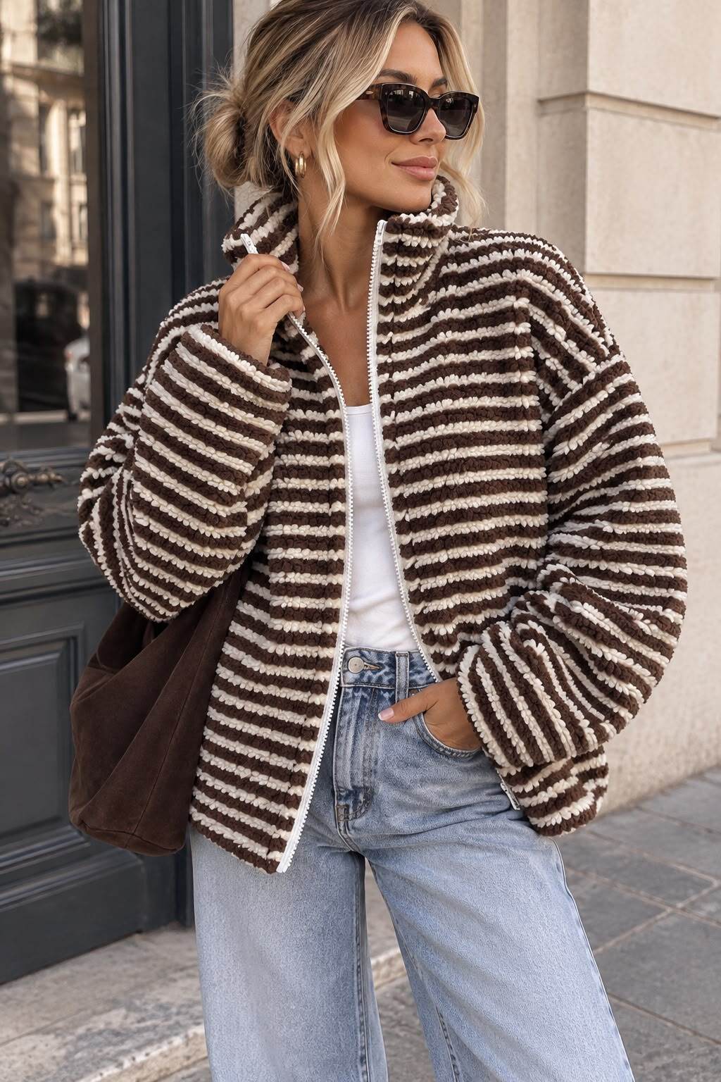 Großhändler Emma & Ashley design - Gestreifte Fleece-Reißverschlussjacke – Weichheit & Gemütlicher Stil