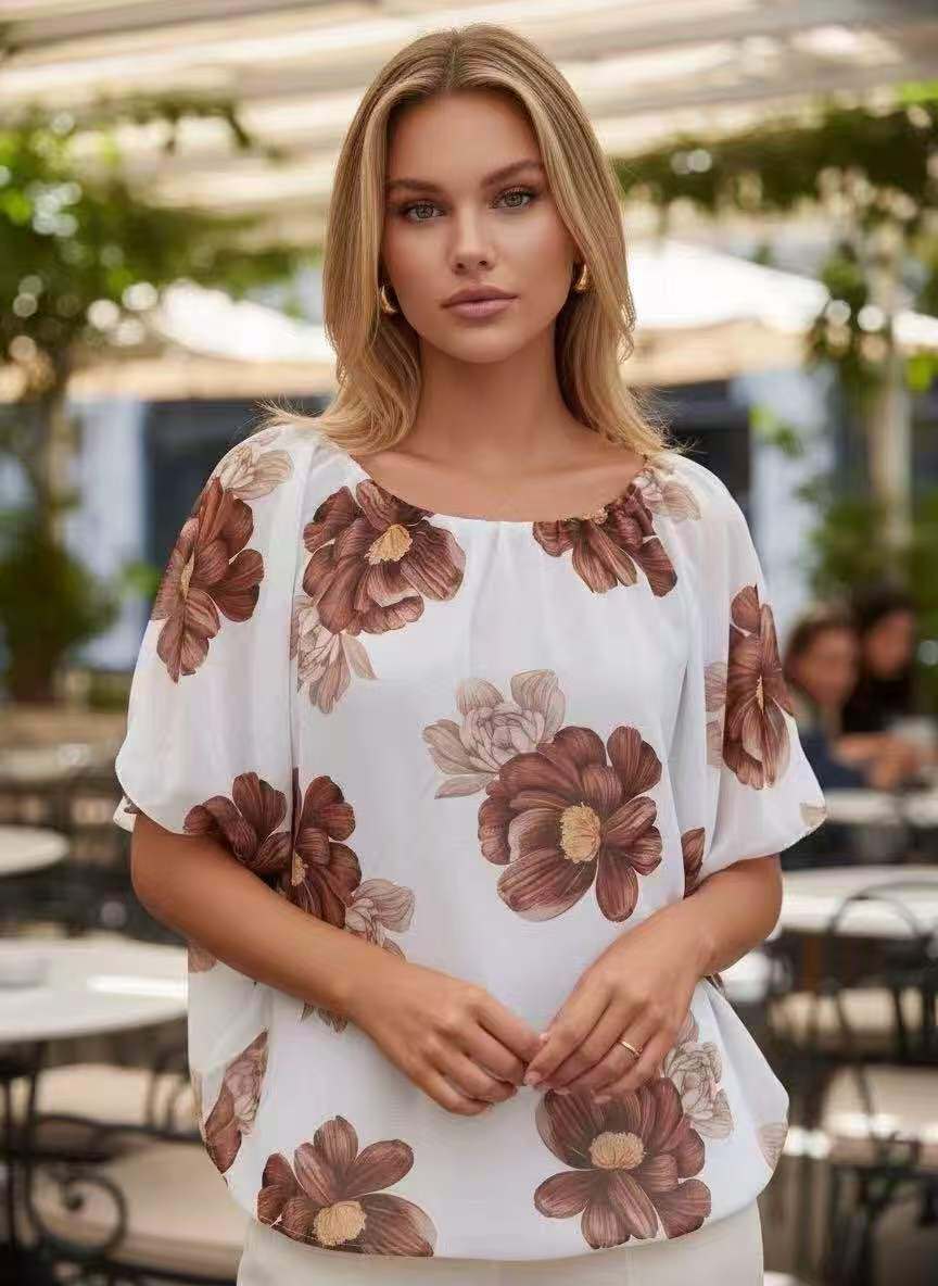 Mayorista Emma Dore - Blusa Floral de Cuello Redondo (Tallas 38/48)