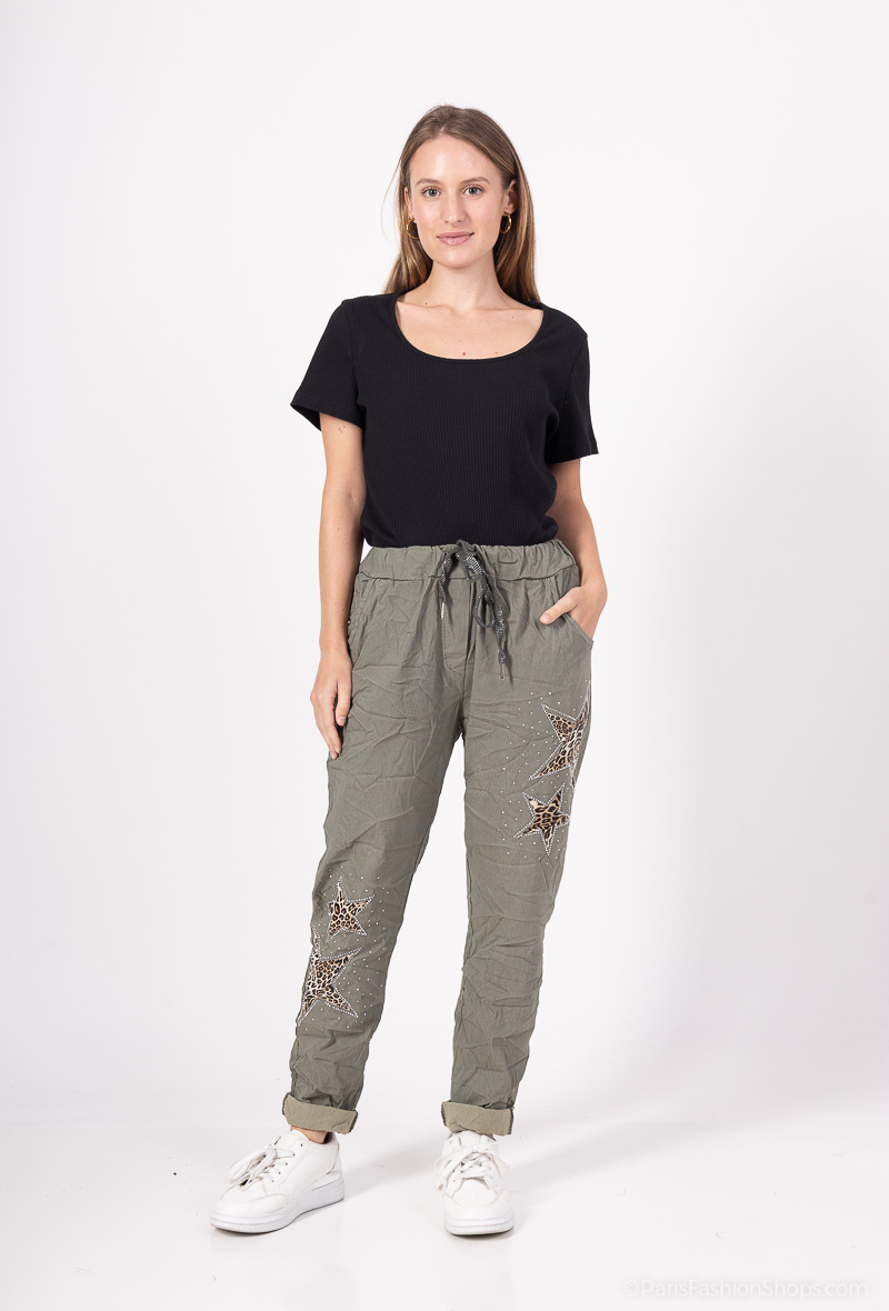 Wholesaler Emma Dore - Pants with rhinestones and leopard star print