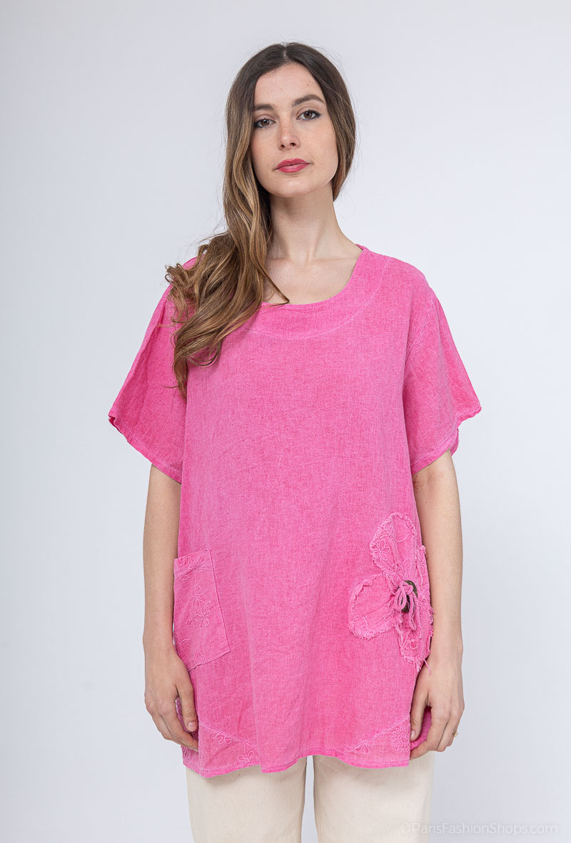 Wholesaler Emma Dore - Linen t-shirt with pcohe and flower