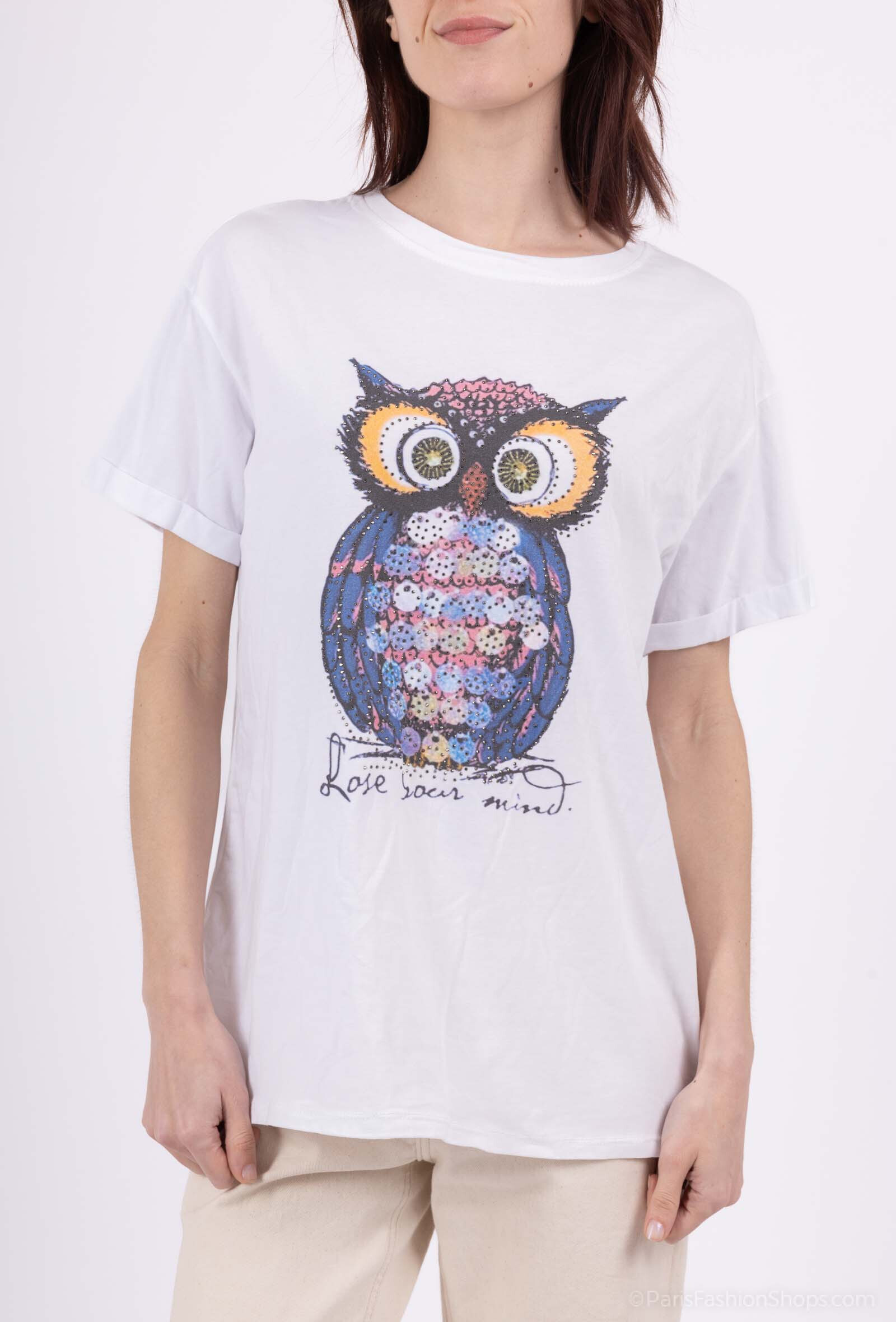 Wholesaler Emma Dore - T-shirt with owl and rhinestone print