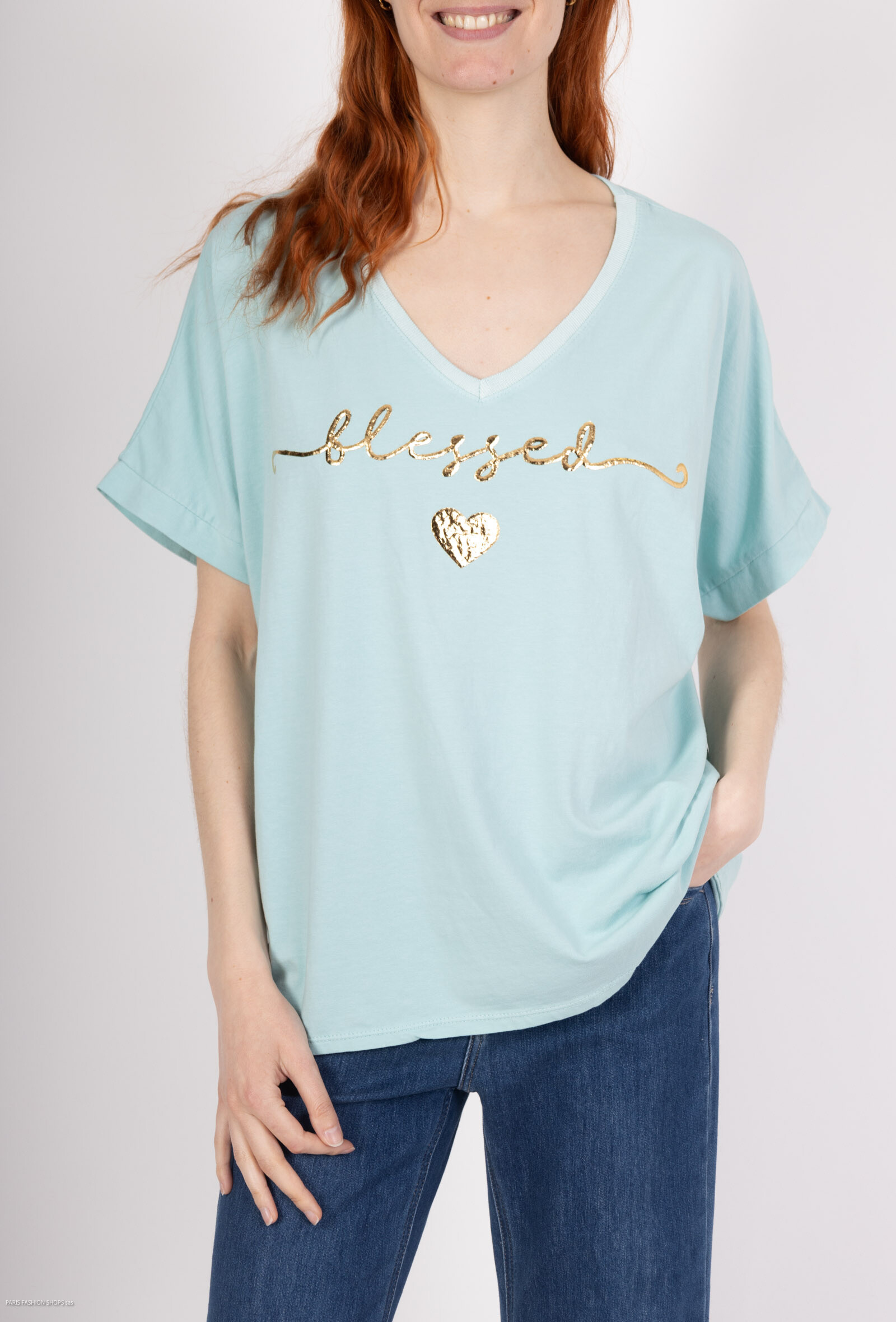 Wholesaler Emma Dore - T-shirt, flexible, V-neck, with writing