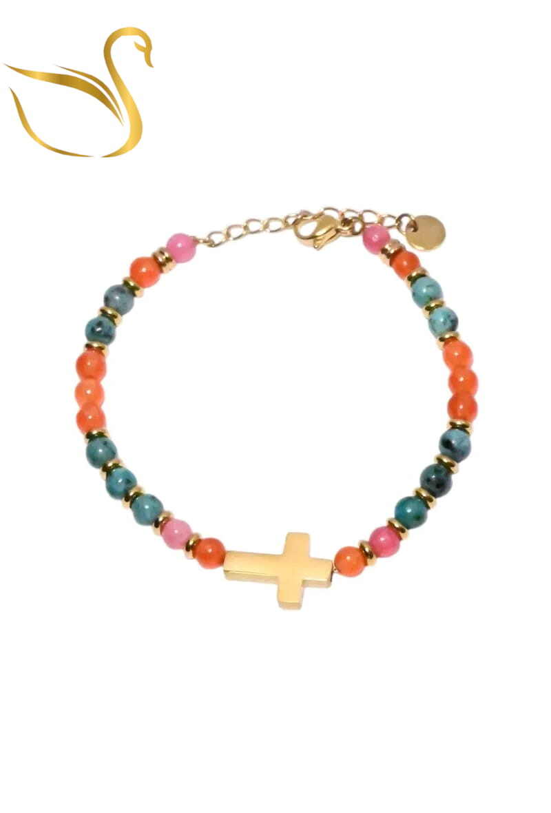 Grossiste Emma Fantaisies - Bracelet pierre minérale croix Or
