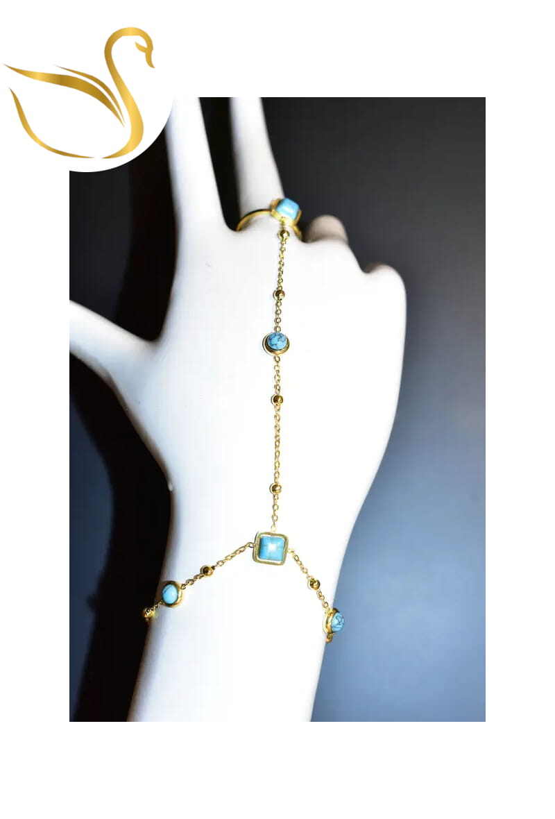 Grossiste Emma Fantaisies - Bracelet chaîne de main taille réglable turquoise Or
