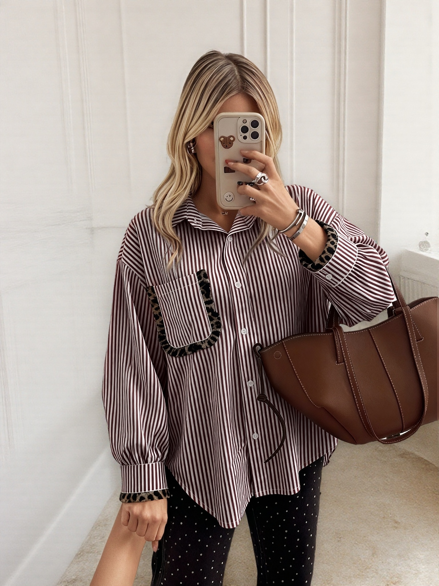 Grossista enoioy - CAMICIA OVERSIZE RIGHA CON LEOPARDO, MATERIALE MORBIDO