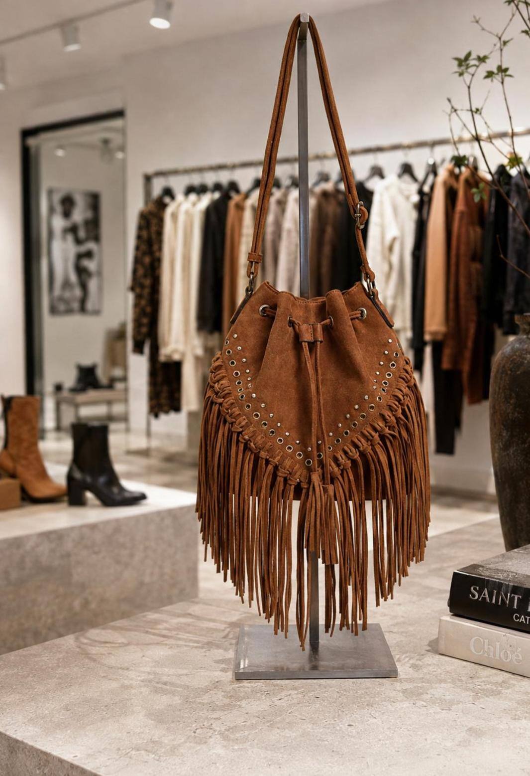 Wholesaler ENVOG Paris - Wild Fringe Bucket Bag – studded and fringed faux suede shoulder bag.
