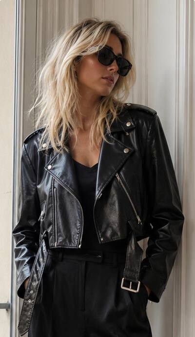 Grossista ENVOG Paris - Giacca Biker Nera Corta con Cintura Grossista ENVOG Paris - Giacca Biker Nera Corta con Cintura