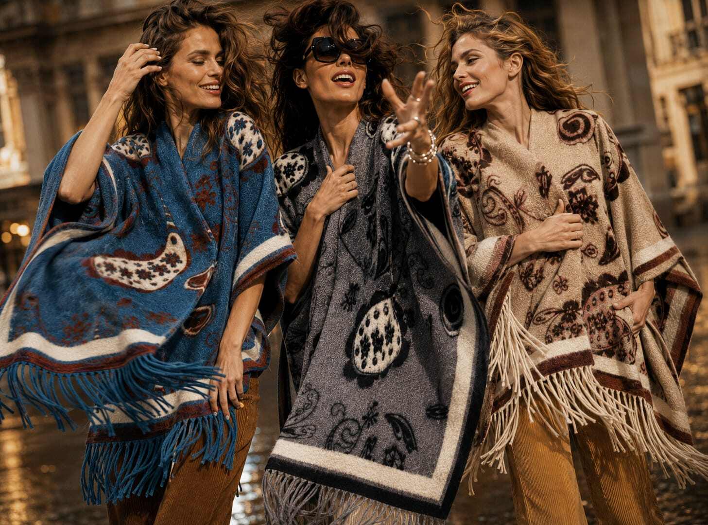 Grossista ENVOG Paris - BOHÈME CASHMERE – Poncho in maglia con motivo paisley e frange