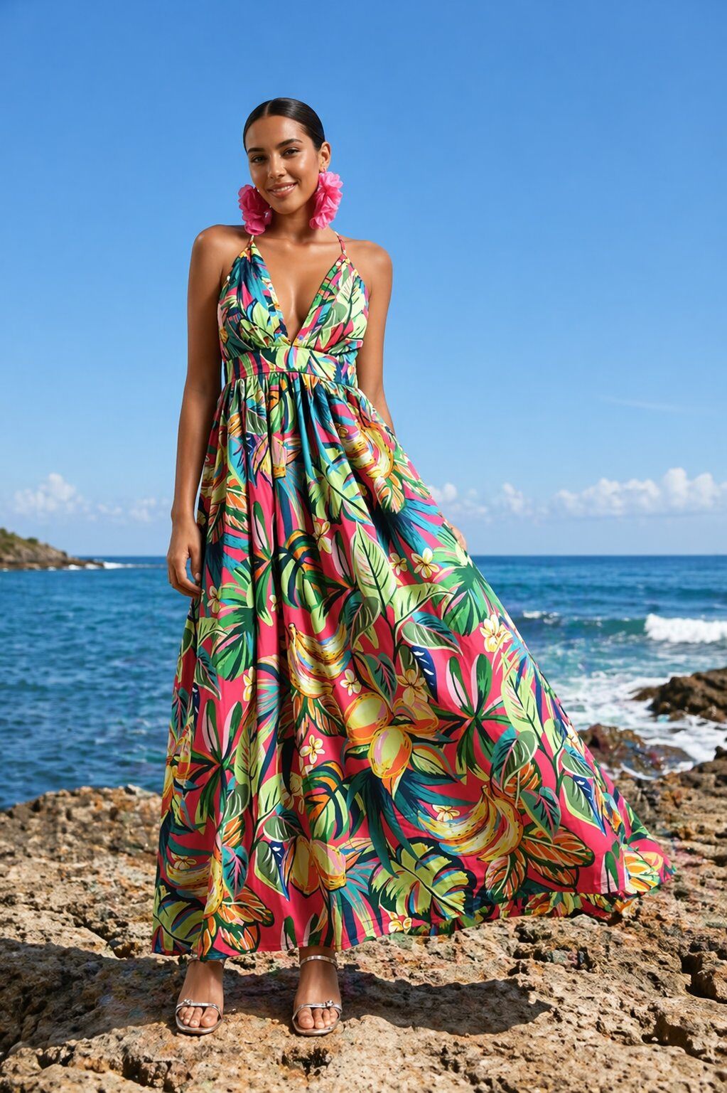 green emerald velvet dress Women's Just Fell Into Place Ivory Tropical Print Linen Blend Maxi Dress | Size: L