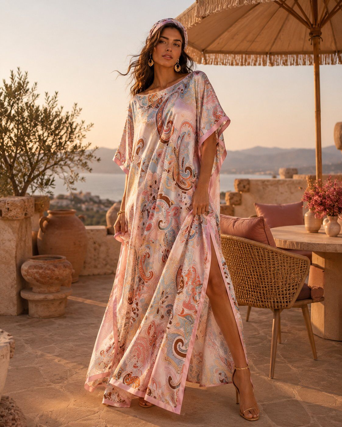 Grossiste ENVOG Paris - ROBE KAFTAN PAISLEY ROSE POUDRÉ