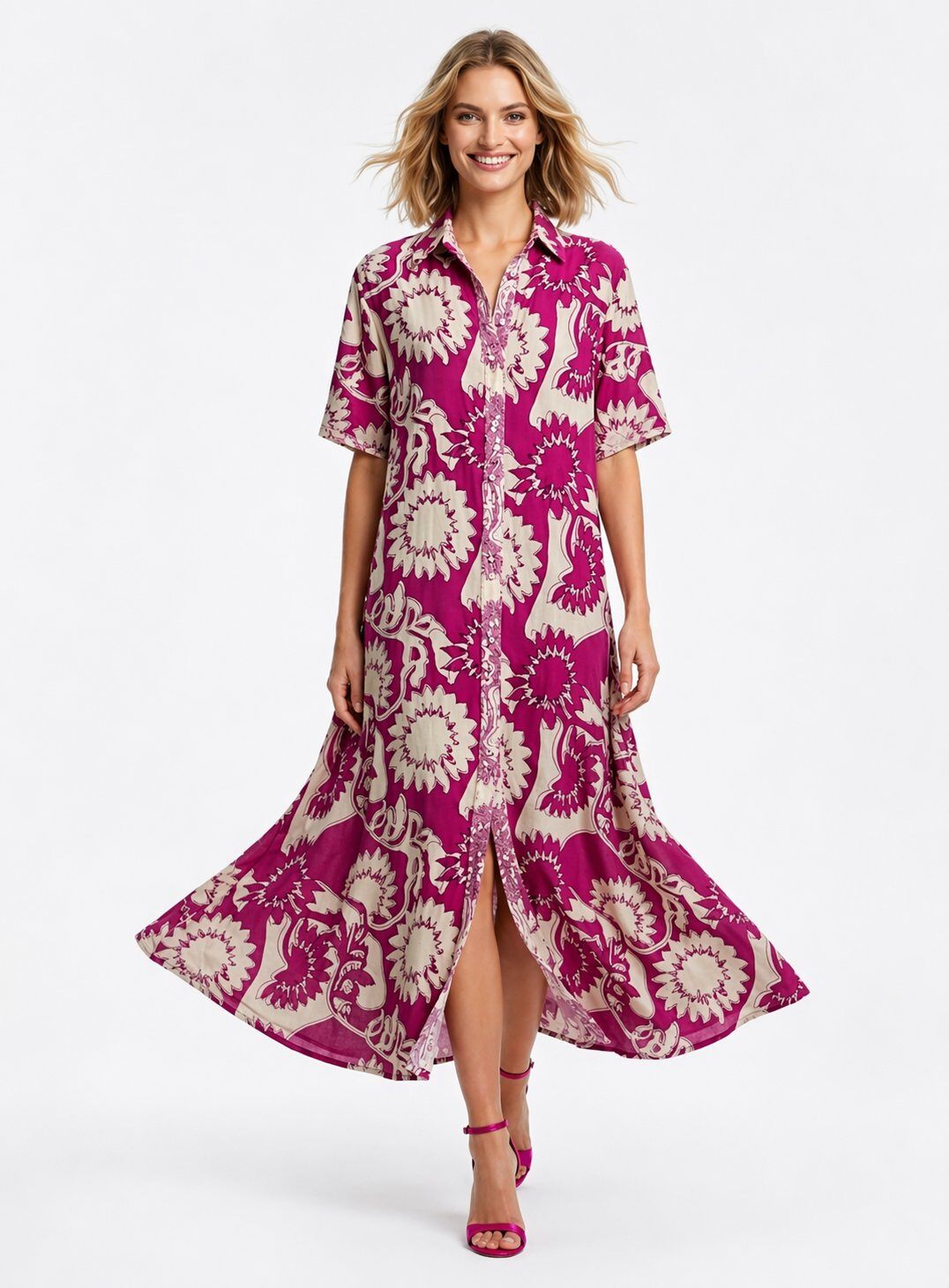 Long shirt dress with fuchsia floral print | Paris Fashion Shops