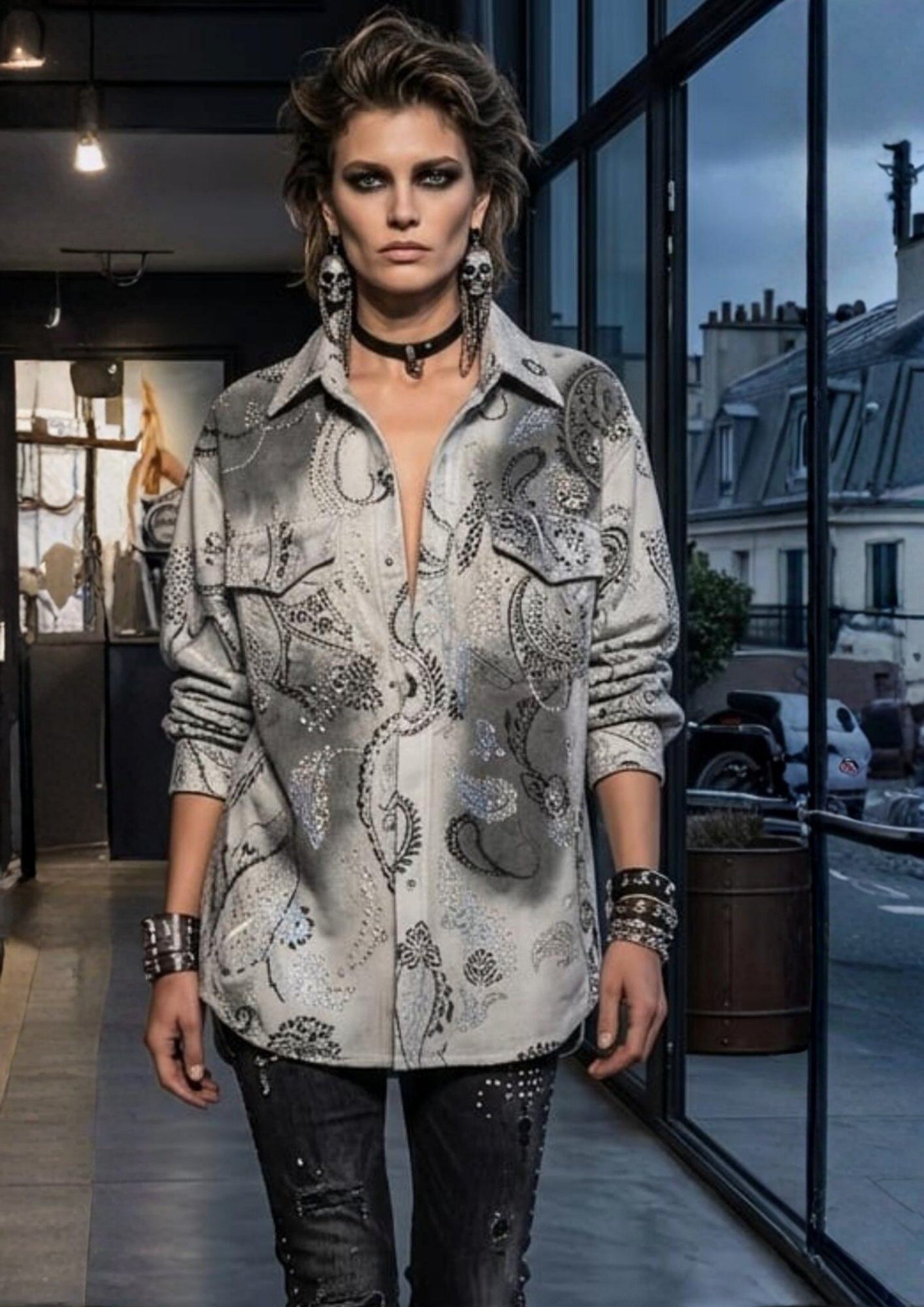 Wholesaler ENVOG Paris - Prestige rhinestone printed denim overshirt