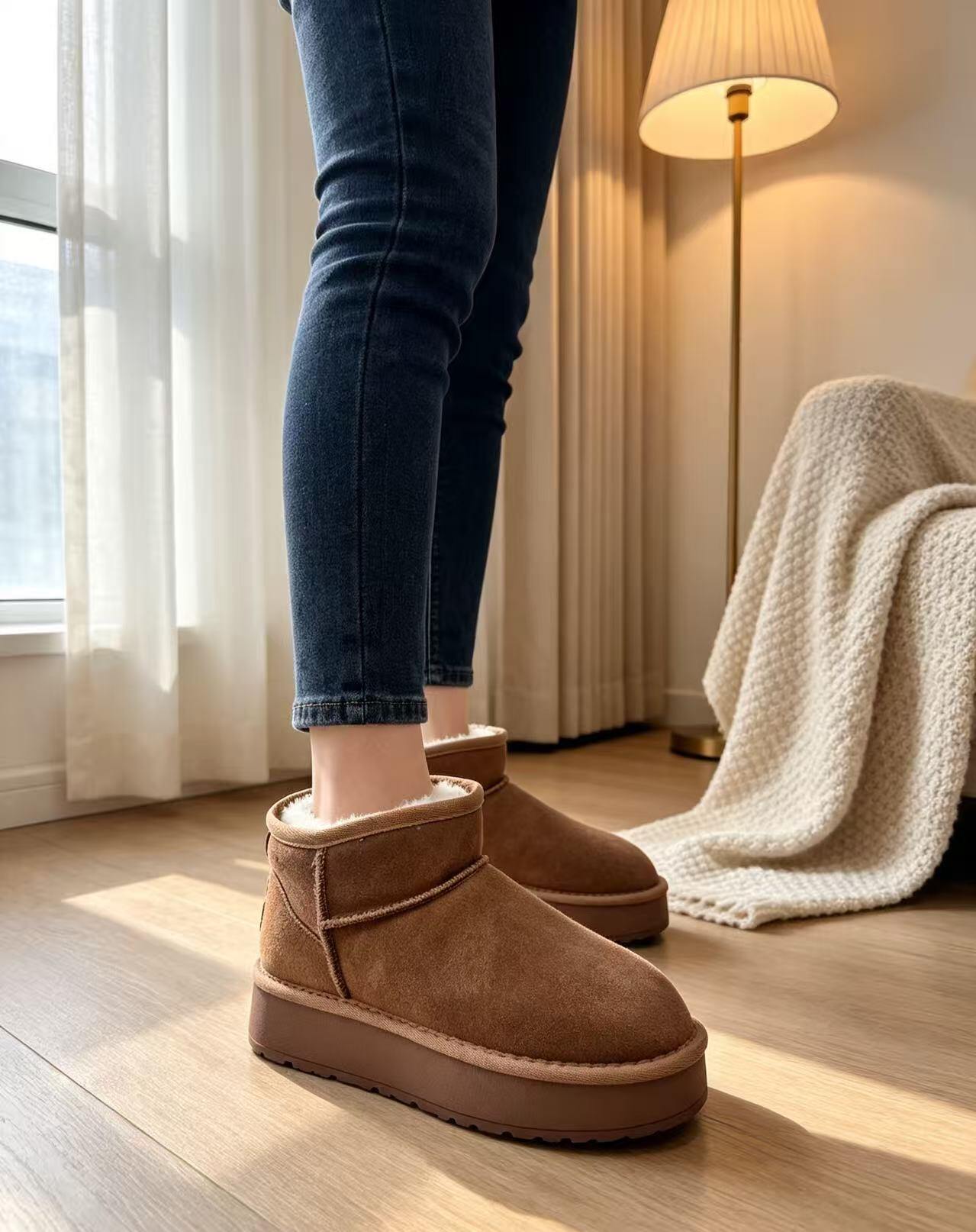 Grossiste ERICA SHOES - Bottines d'hiver fourrées en cuir véritable à semelle épaisse pour femme