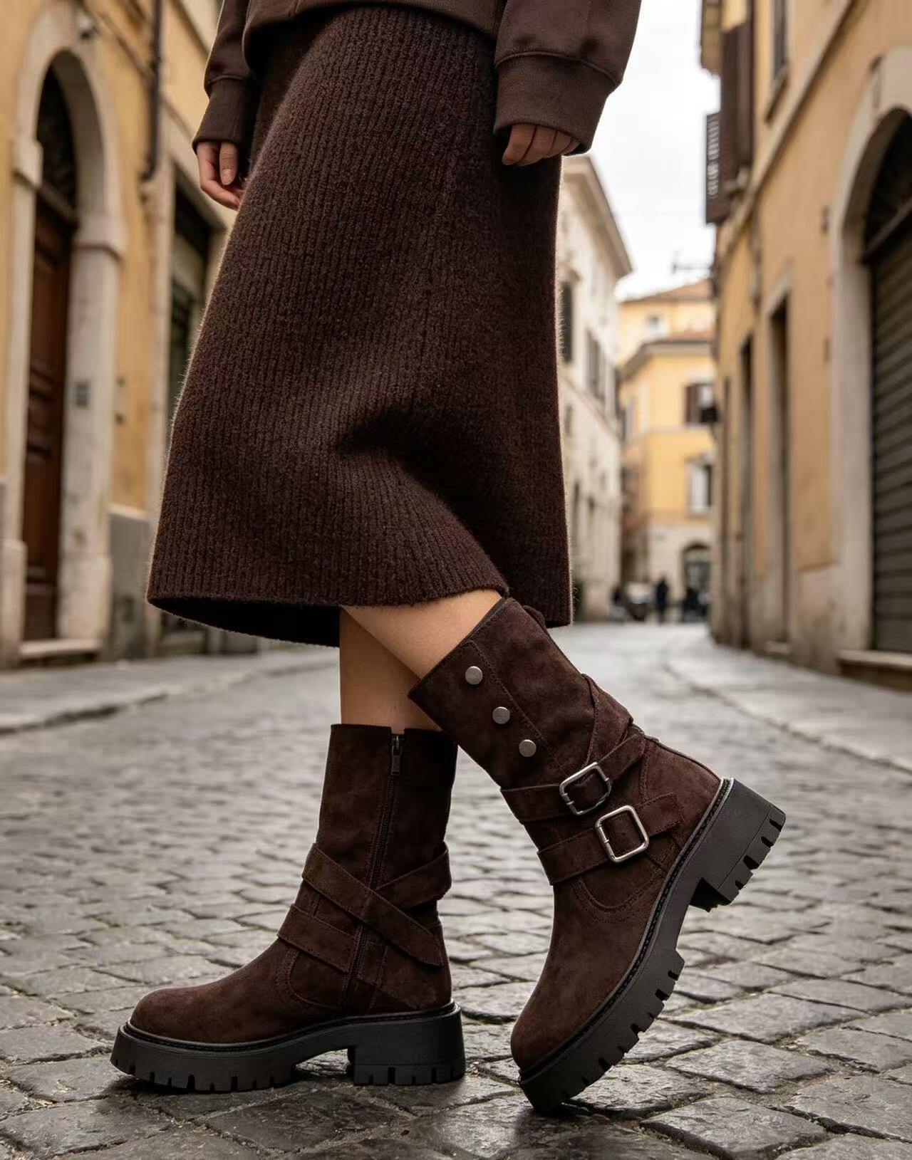 Wholesaler ERICA SHOES - Women's mid-calf slouch boots with multiple buckles