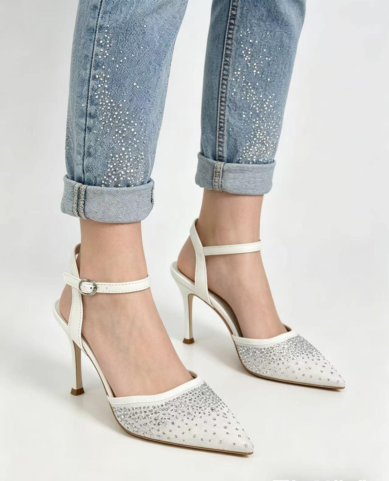 Mayorista ERICA SHOES - Zapatos de Tacón Blanco con Strass y Correa al Tobillo