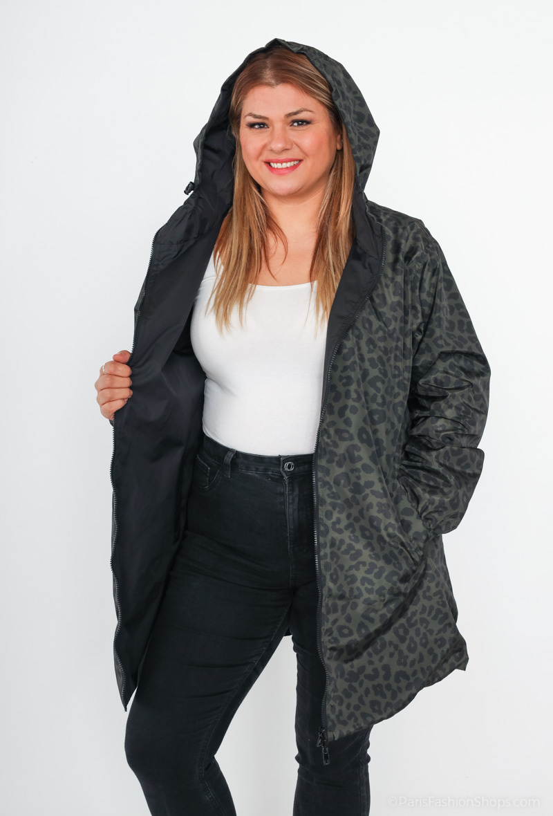 Grossiste ESCANDELLE Paris Grande Taille - JORDIE - Longue parka motif léopard réversible print- Grande taille