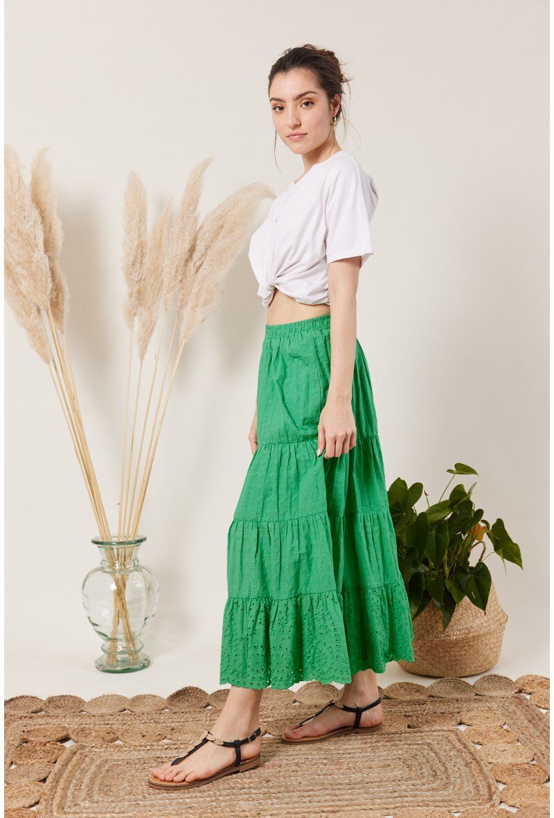 Großhändler ESCANDELLE Paris - Langer Rock mit englischer Stickerei, 100 % Baumwolle, Bohemian-Stil