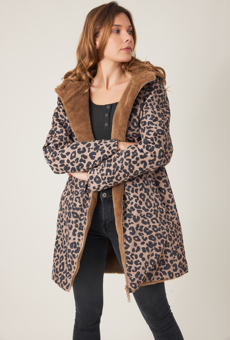 Grossiste ESCANDELLE Paris - Parka Mi longue Léopard Réversible Fourrure Polyester Recyclé