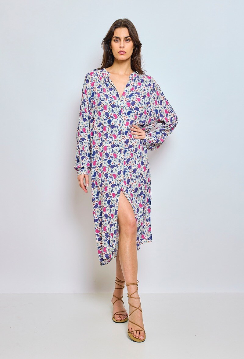 Grossiste ESCANDELLE Paris - Robe chemise longue 100% Viscose, froncée et évasée, à manches longues et print