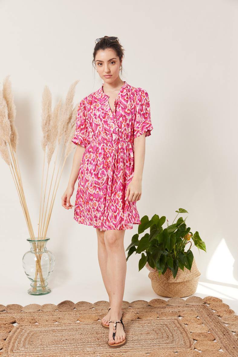 Großhändler ESCANDELLE Paris - Rosa abstraktes Minikleid mit Blumendruck und Puffärmeln