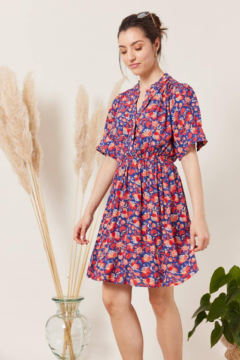 Großhändler ESCANDELLE Paris - Kurzes Kleid mit Paisley-Puffärmeln und Blumendruck Rot