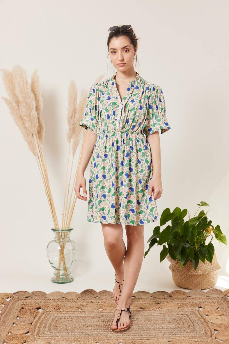 Grossiste ESCANDELLE Paris - Robe courte print 100% Viscose à imprimé fleuri, manches courtes