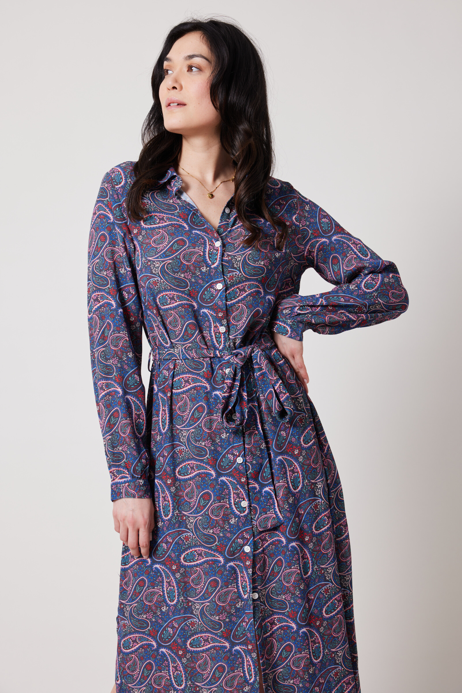 Grossiste ESCANDELLE Paris - Robe longue 100% Viscose, manches longues, print, robe chemise