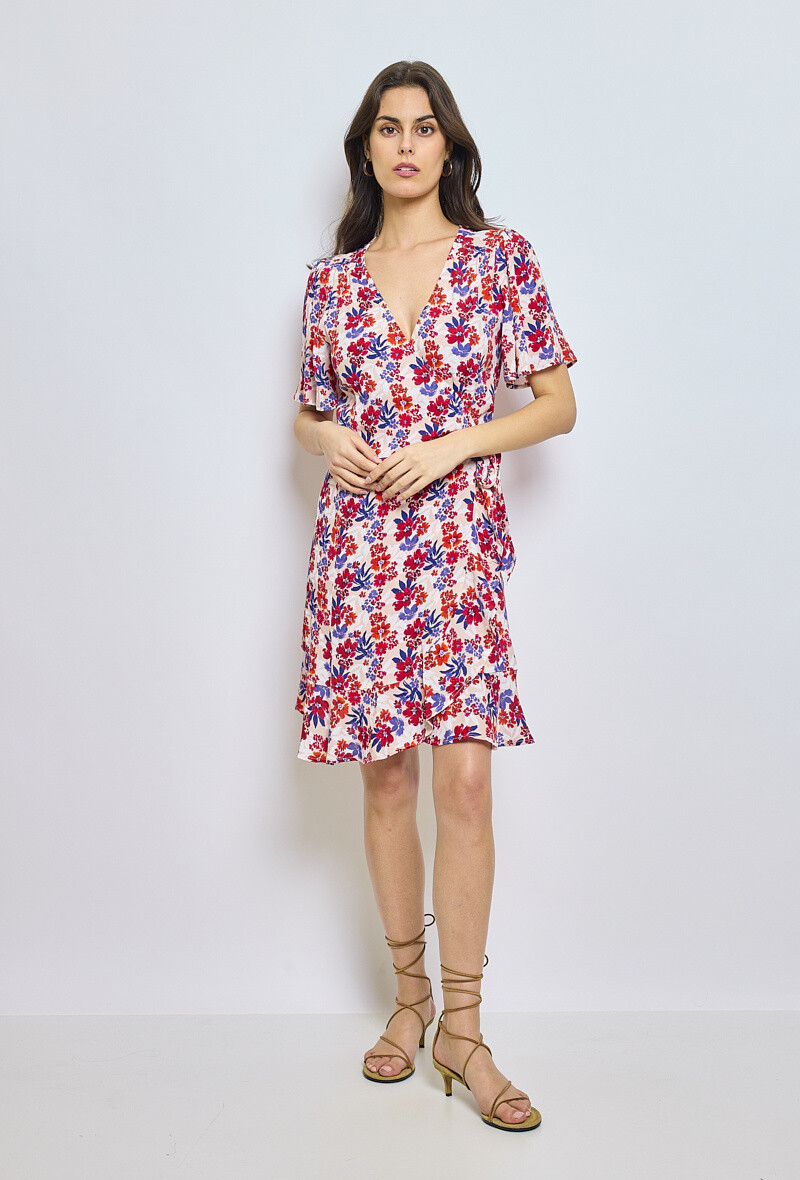Grossiste ESCANDELLE Paris - Robe 100% Viscose, cache-coeur,portefeuille, manches courtes, volants et print