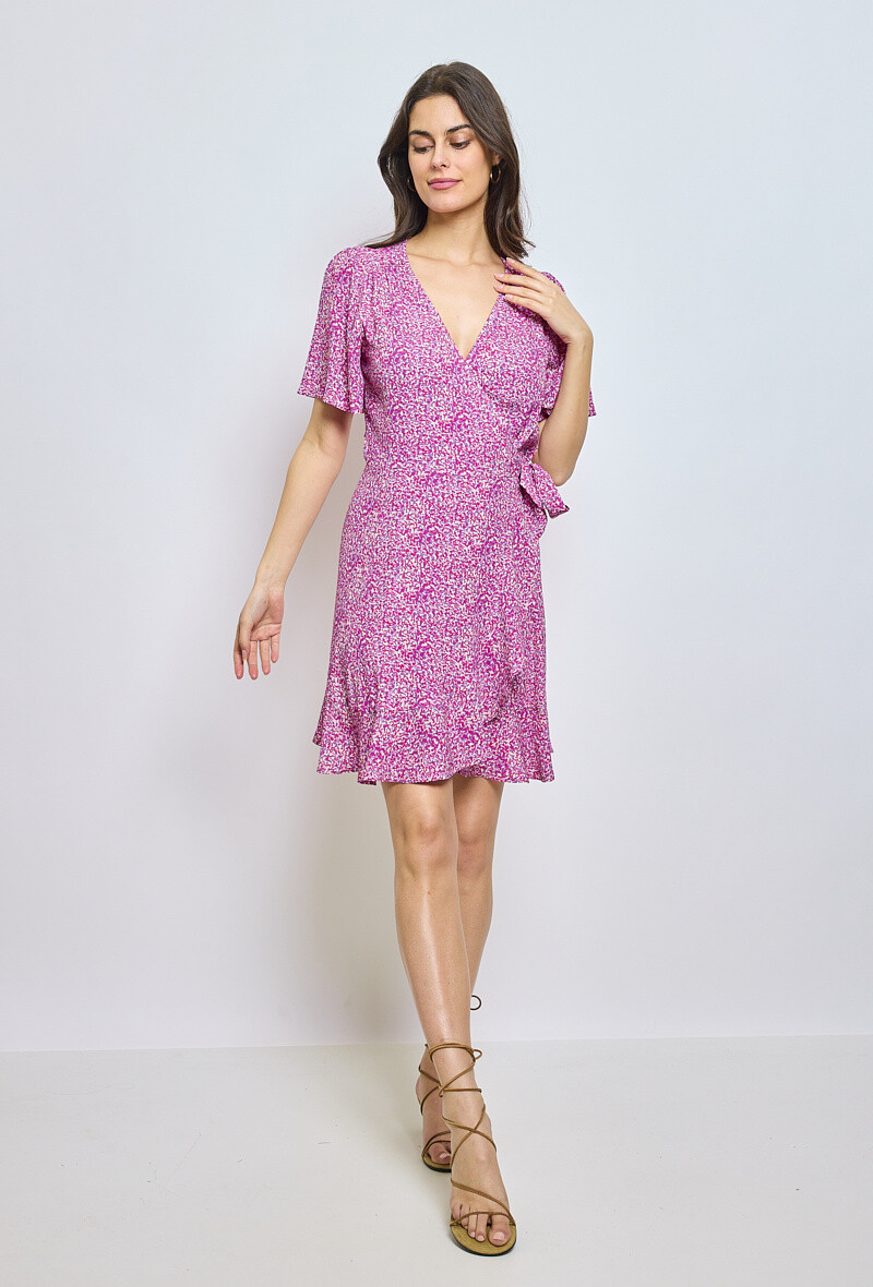 Grossiste ESCANDELLE Paris - Robe 100% Viscose, cache-coeur,portefeuille, manches courtes, volants et print