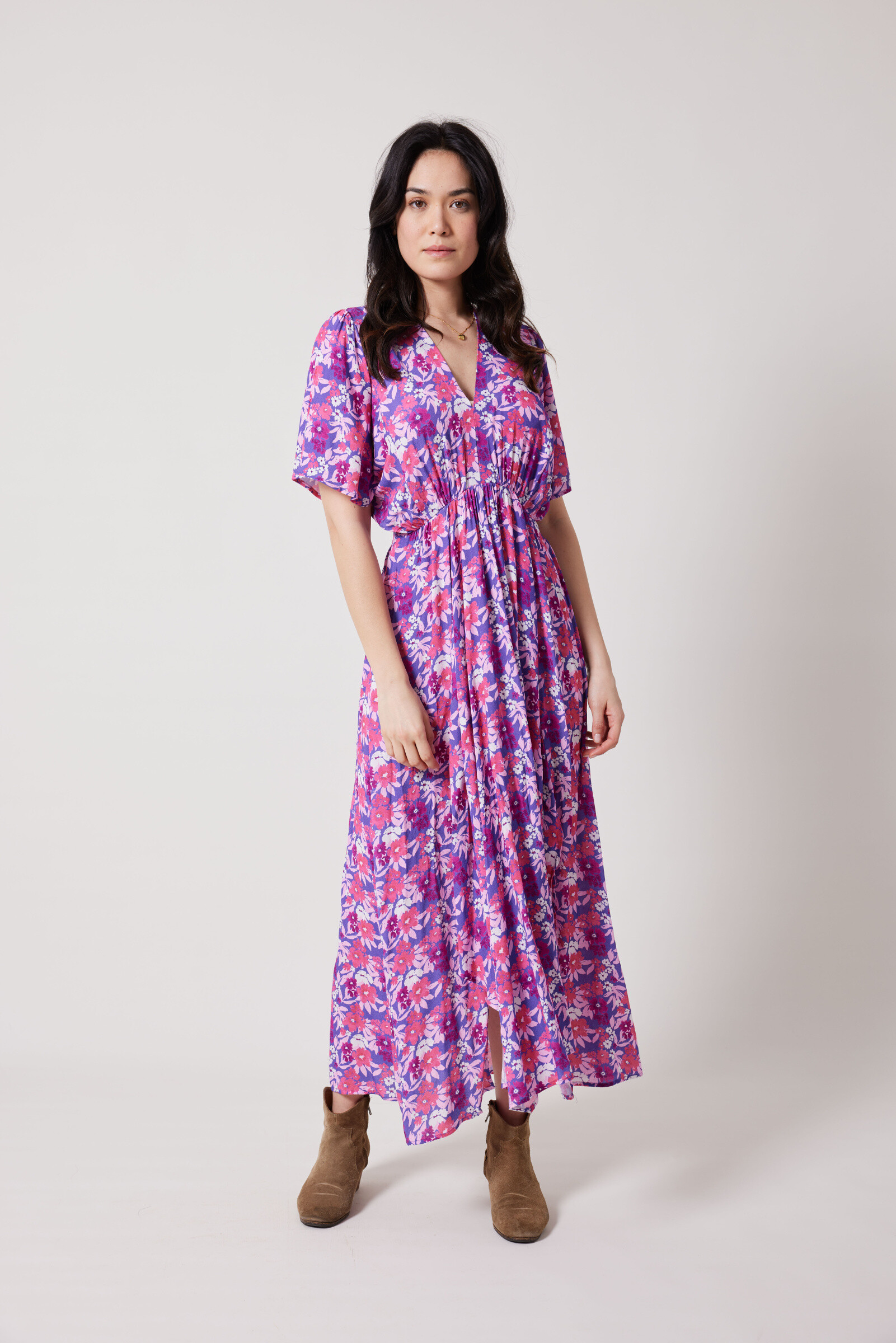 Grossiste ESCANDELLE Paris - Robe longue 100% Viscose, évasée, manches courtes, print