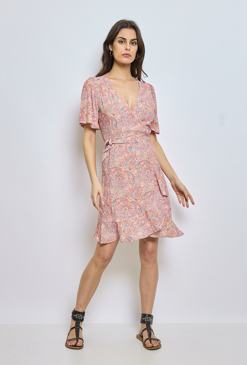 Grossiste ESCANDELLE Paris - Robe 100% Viscose, cache-coeur,portefeuille, manches courtes, volants et print