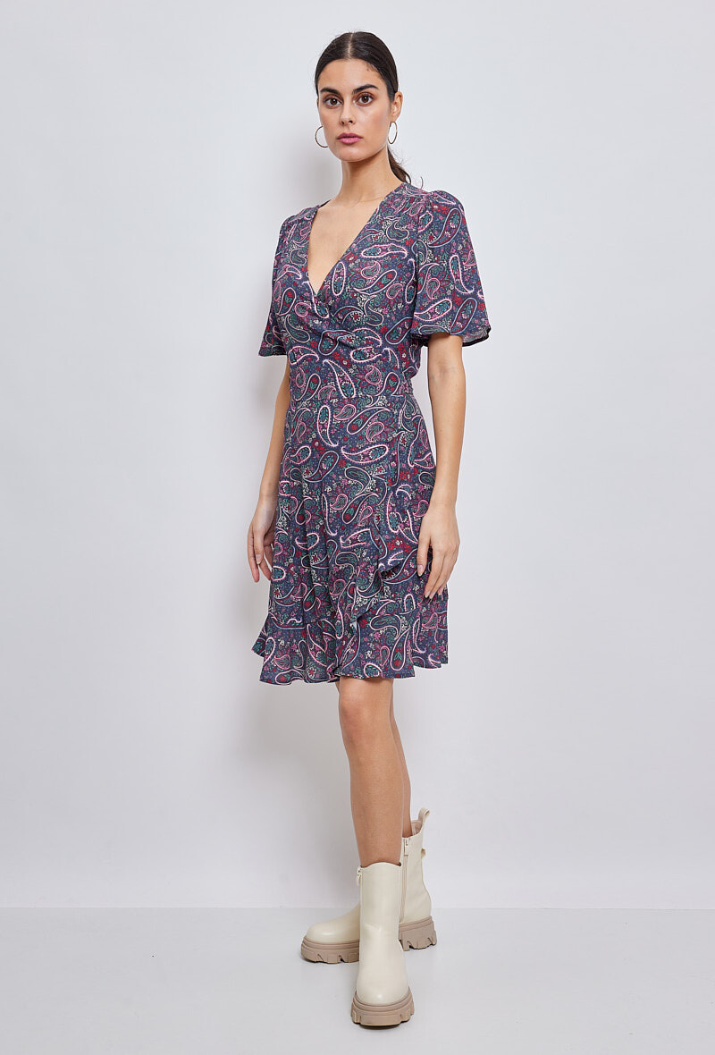 Grossiste ESCANDELLE Paris - Robe 100% Viscose, cache-coeur,portefeuille, manches courtes, volants et print