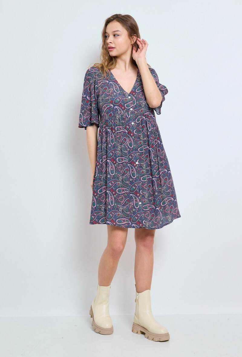 Grossiste ESCANDELLE Paris - Robe 100% Viscose, évasée, manches courtes, print