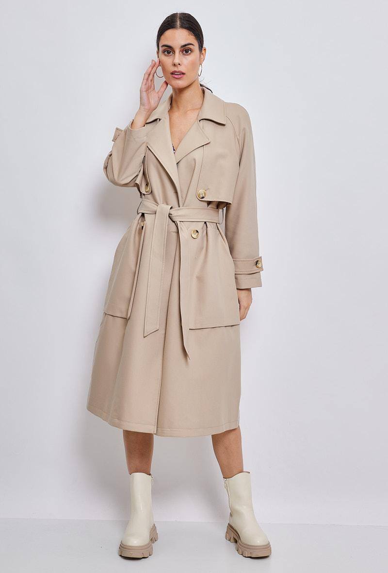 Wholesaler ESCANDELLE Paris - Long trench coat with belt, Polyester/Viscose/elastane