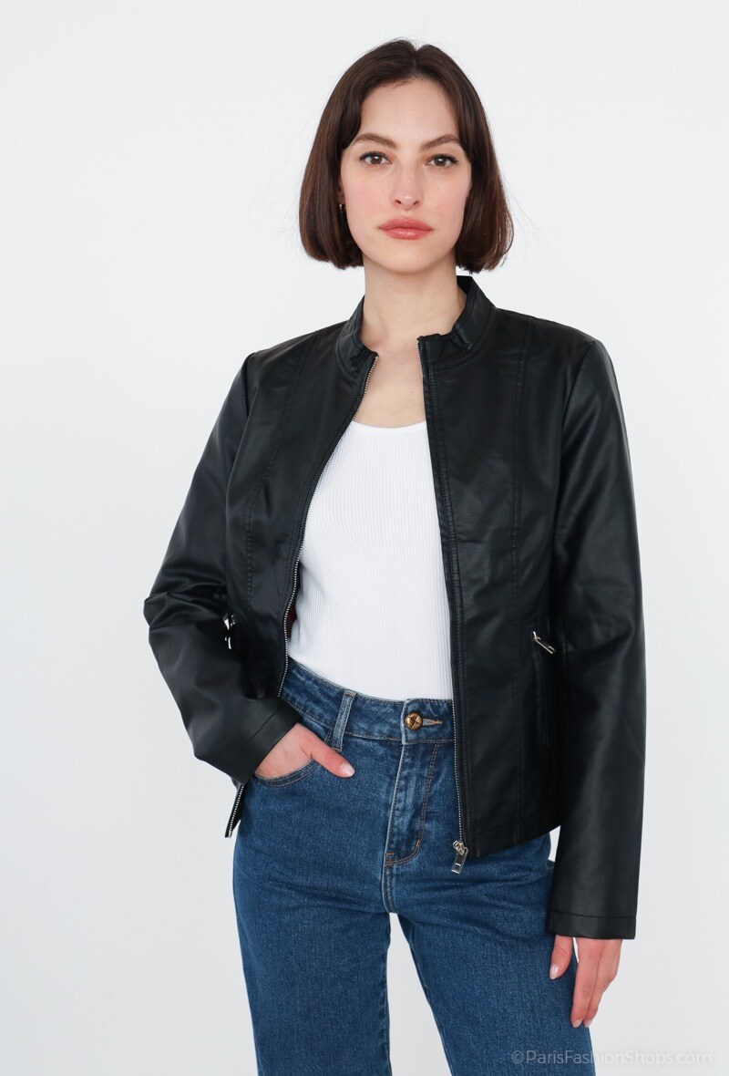 Grossiste ESCANDELLE Paris - Veste simili cuir avec zip, col montant, PU/Viscose