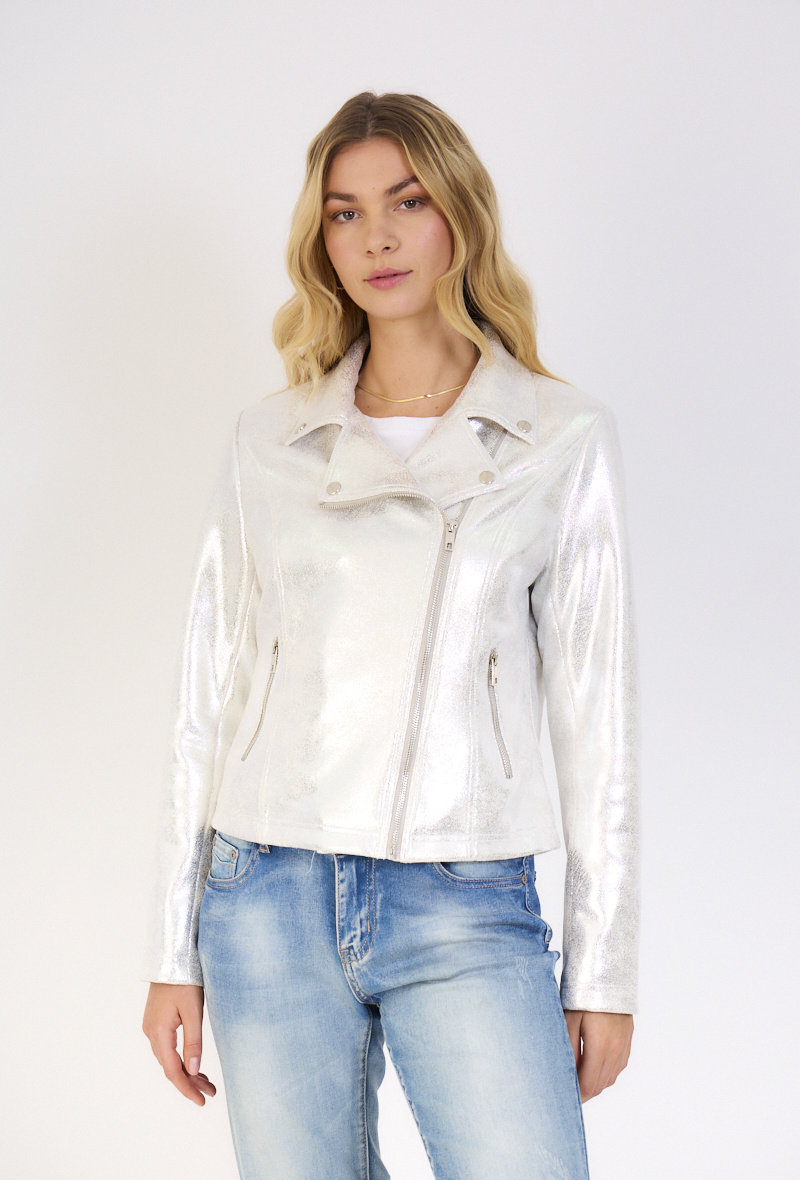 Großhändler ESCANDELLE Paris - JOYCE – Perfecto-Jacke aus Wildleder in Metallic-Silber