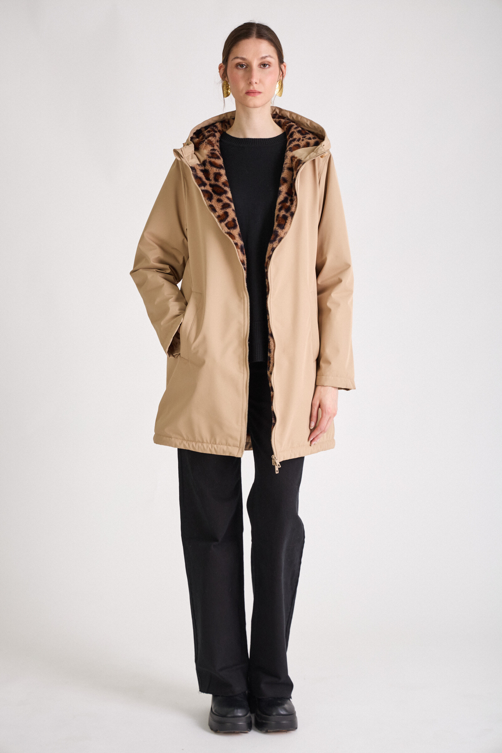 Grossiste ESCANDELLE Paris - Parka mi-longue imperméable unie, intérieur fourrure léopard, déperlant