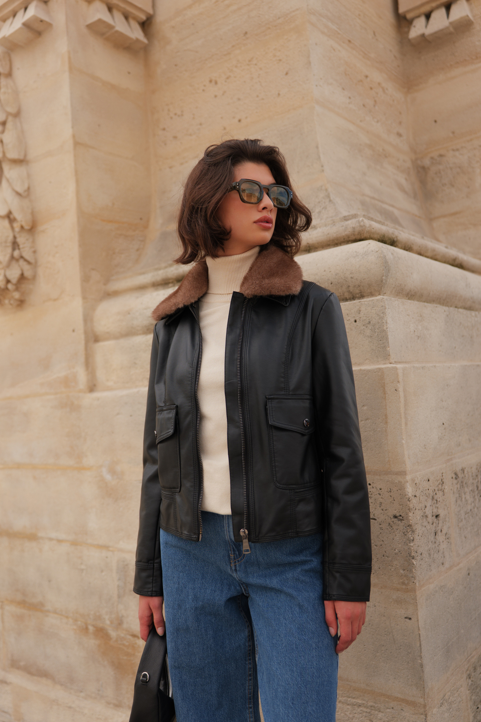 Grossiste ESCANDELLE Paris - Veste courte similicuir col fourrure non animale