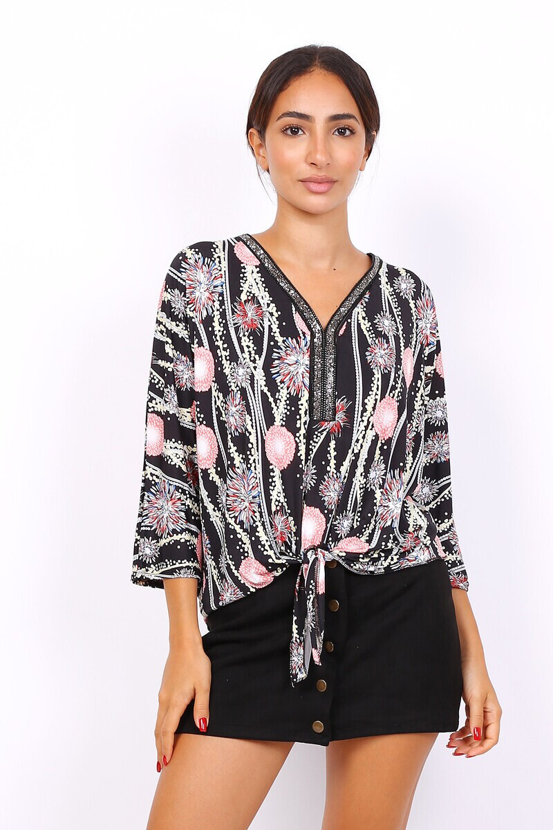 Grossista Esperance - Blusa stampata scollo a V con dettaglio strass e nodo regolabile