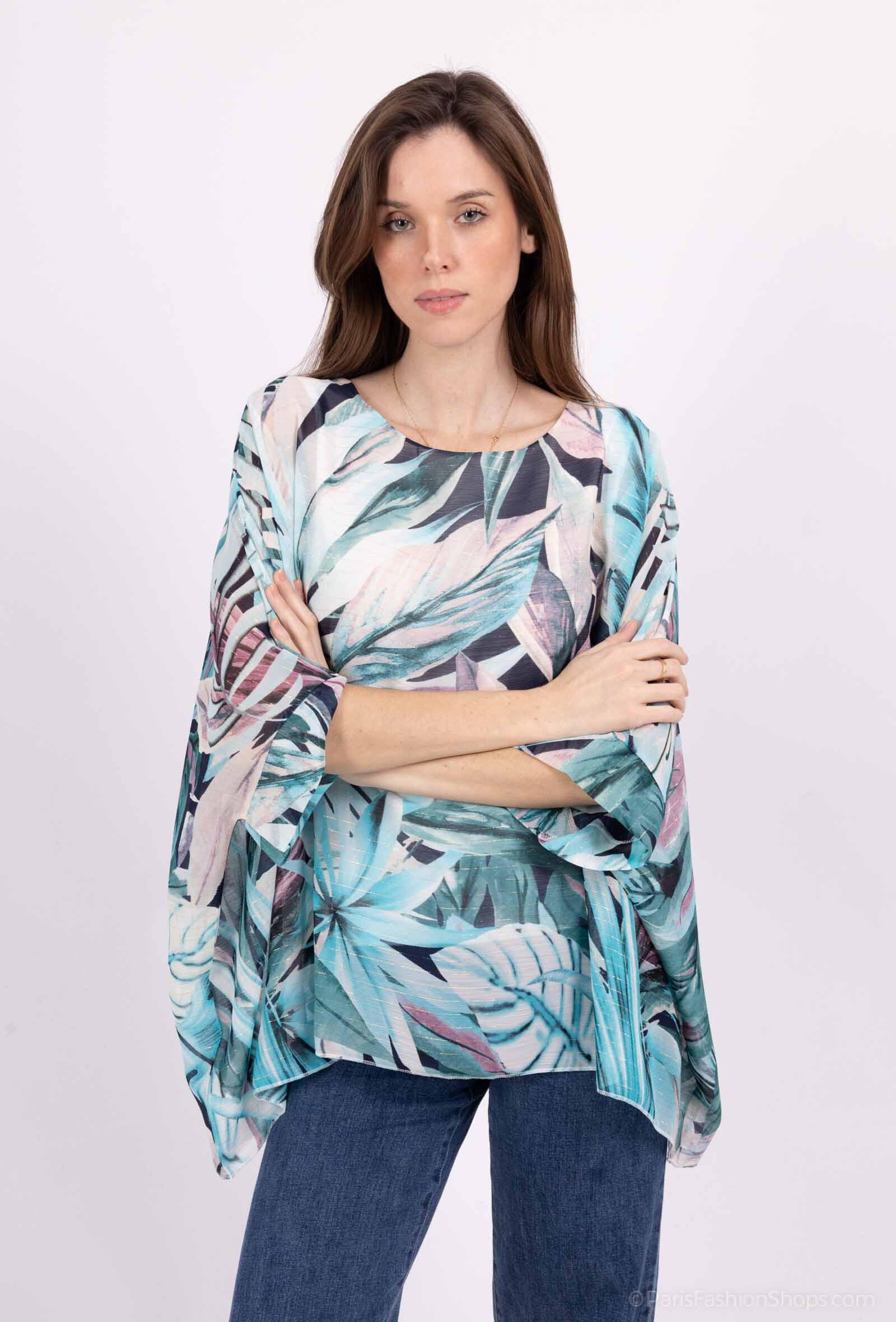 Wholesaler Esperance - Loose blouse with foliage print and batwing sleeves in lurex fabric