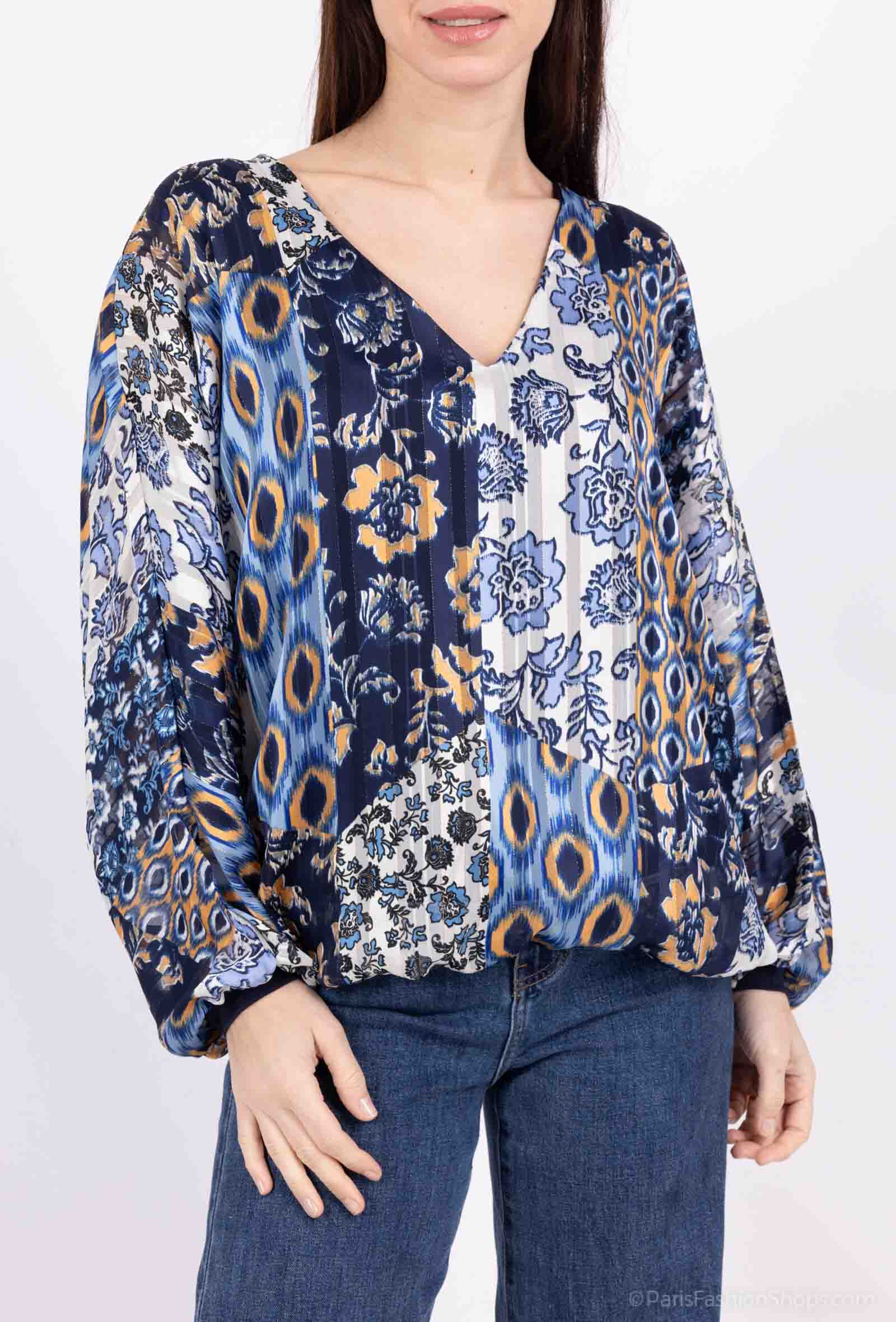 Grossista Esperance - Blusa fluida stampata con scollo a V e maniche lunghe a sbuffo