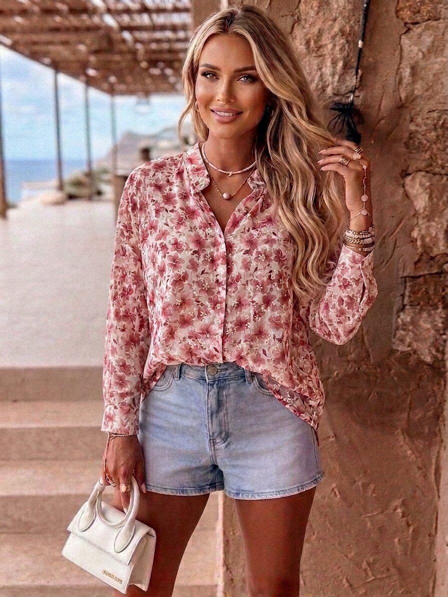 Grossista Estee Brown - Camicia stampata con fiori ricamati