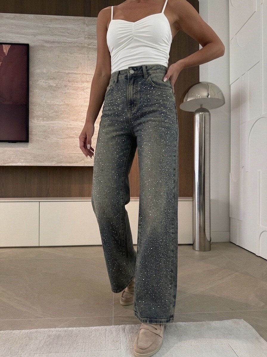 Grossista Estee Brown - Jeans Wide Leg in denim stretch con strass
