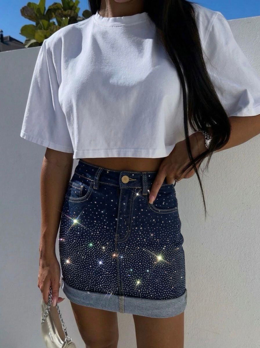 Mayorista Estee Brown - Falda de denim elástico adornada con strass