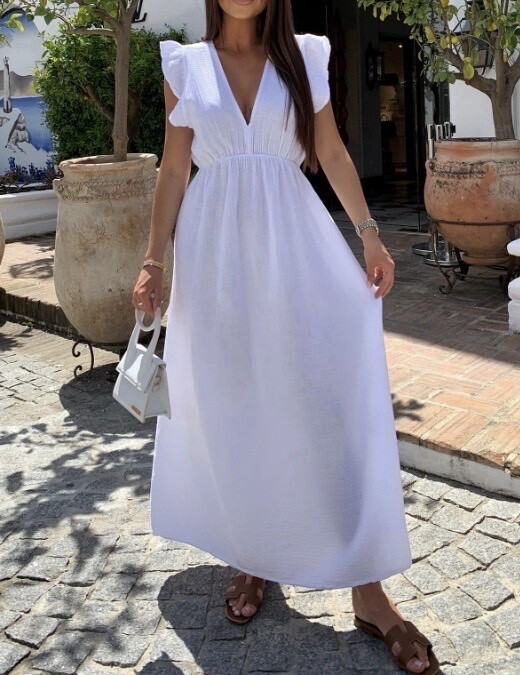 Long dress in cotton gauze in v -neck. The dress is composed in 3 sizes: s, m, l.