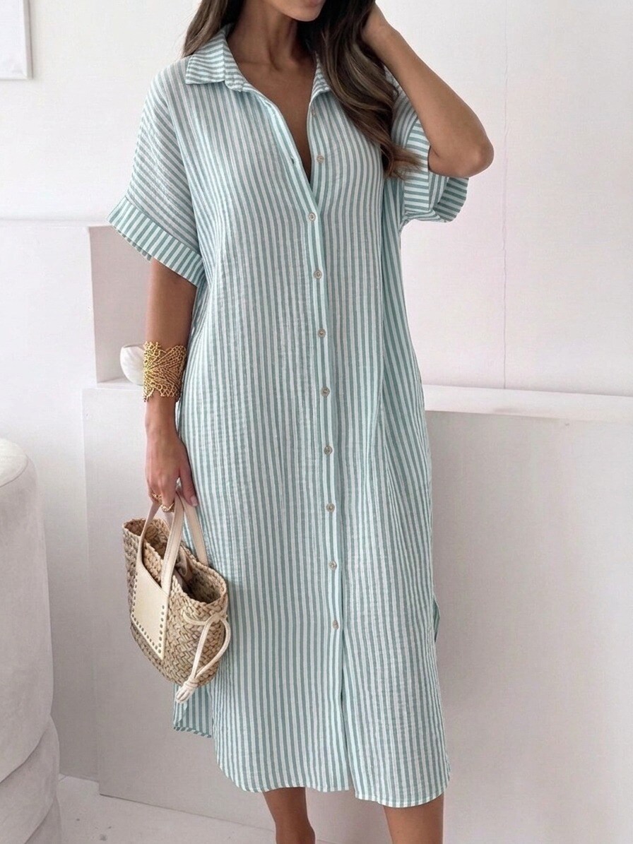 Mayorista Estee Brown - Vestido camisero de gasa de algodón a rayas